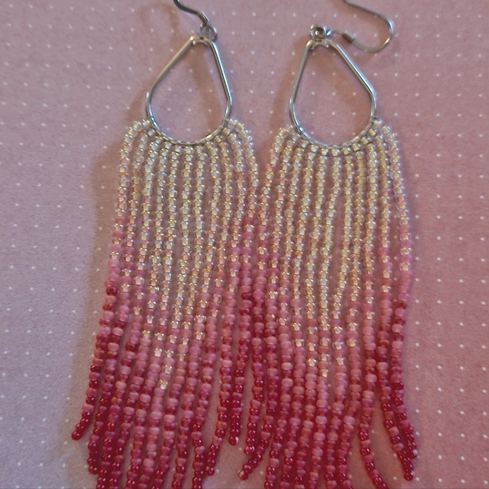 Handmade Pink And Yellow Beaded Fringe Earrings